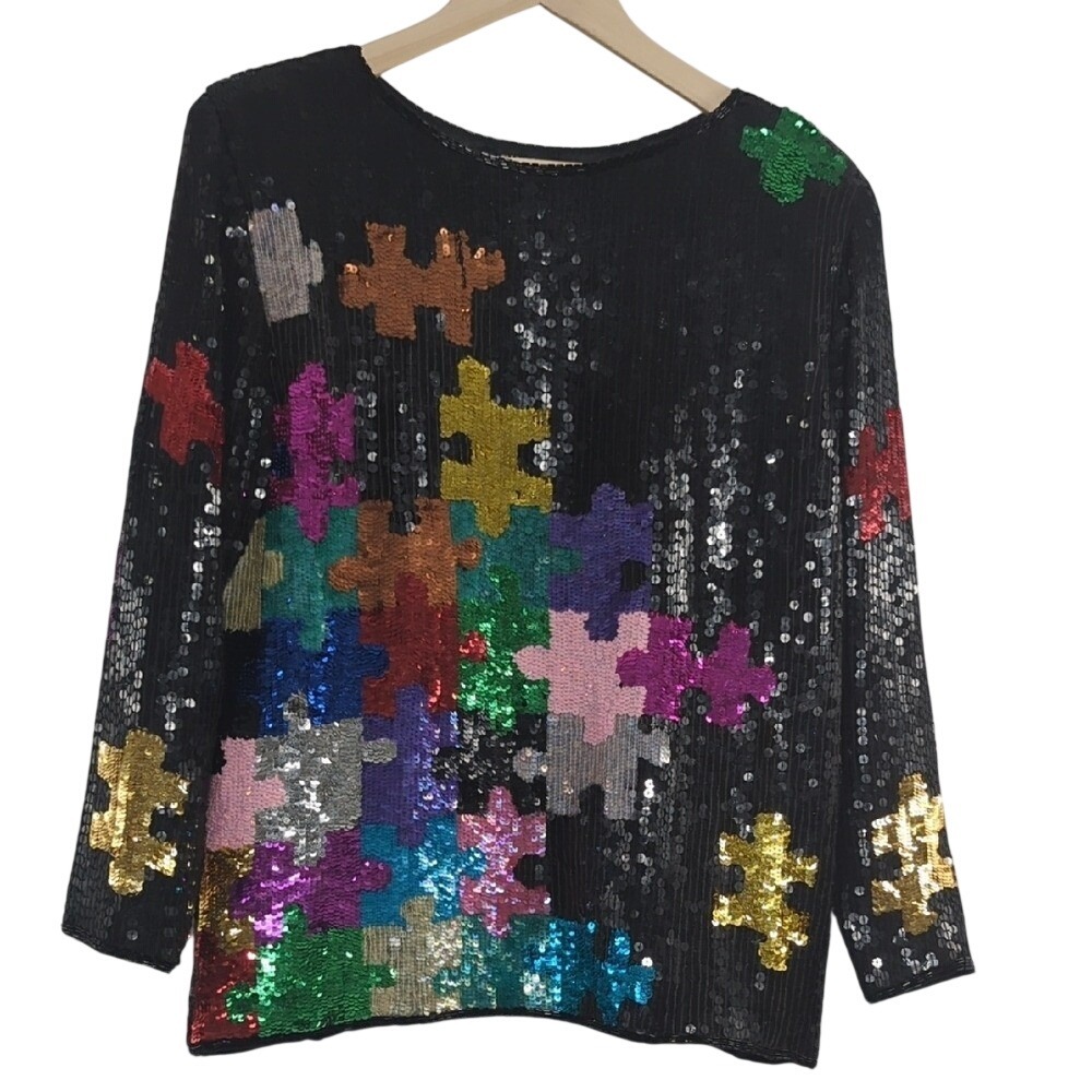 Vintage 80's Sequin Puzzle Piece Silk Colorful Blouse Glass Bead RARE Autism Med - Picture 3 of 16